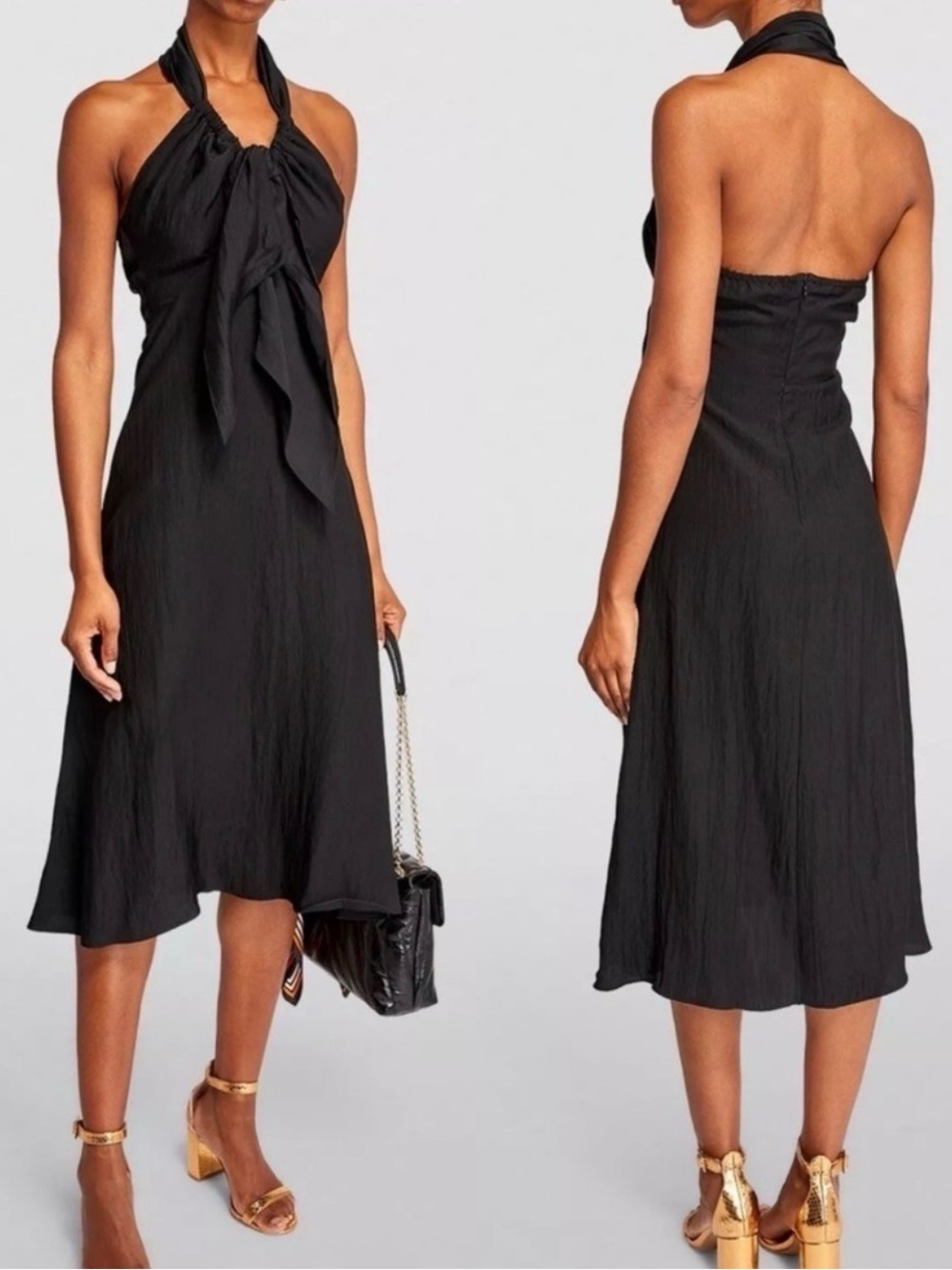🆕 SANDRO Citrine Black Halter Tie-Front Midi Dress